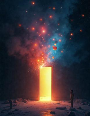 The primary subject of the image is a person standing in front of a doorway. The doorway is open, and the person appears to be looking into the darkness beyond. The setting is a snowy environment, with the person standing on a snow-covered ground. The visual style of the image is a digital art or illustration, creating a dramatic and mysterious atmosphere. The dominant colors in the image are shades of blue and red, which contribute to the overall mood of the scene.